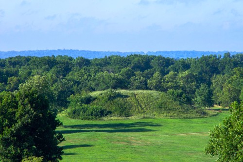 The Cahokia Mounds State Historic Site is the location of a pre-Columbian Native American city situated directly across the Mississippi River from St. Louis, Missouri.