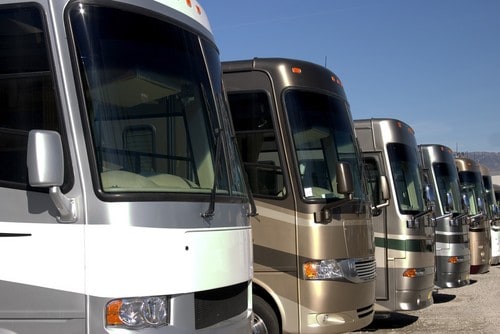 RVs lined up at a dealership