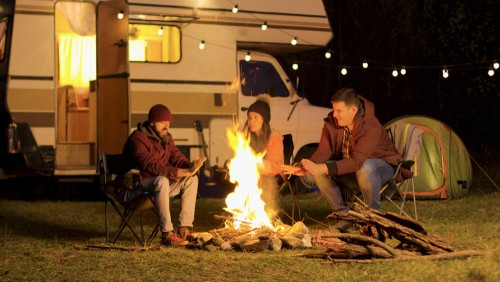 People sitting around a campfire in front of an RV
